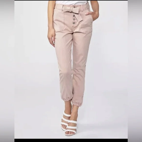 PAIGE Mayslie High Rise Exposed Button Fly Belted Jogger Rouge Glow Pink Sz 30 - Picture 3 of 12